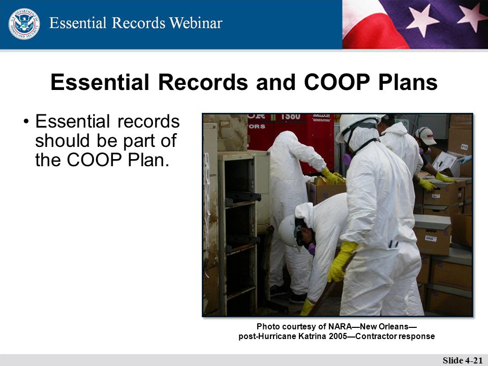 Essential Records and COOP Plans Essential records should be part of the COOP Plan.