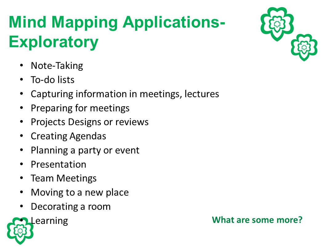 Mind Mapping Applications- Exploratory Note-Taking To-do lists Capturing information in meetings, lectures Preparing for meetings Projects Designs or reviews Creating Agendas Planning a party or event Presentation Team Meetings Moving to a new place Decorating a room Learning What are some more