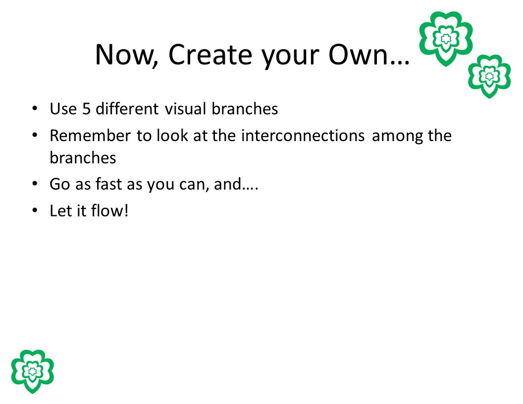 Now, Create your Own… Use 5 different visual branches Remember to look at the interconnections among the branches Go as fast as you can, and….