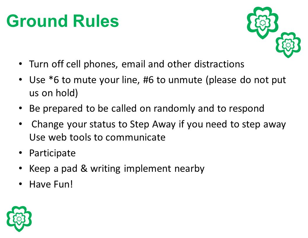 Ground Rules Turn off cell phones,  and other distractions Use *6 to mute your line, #6 to unmute (please do not put us on hold) Be prepared to be called on randomly and to respond Change your status to Step Away if you need to step away Use web tools to communicate Participate Keep a pad & writing implement nearby Have Fun!