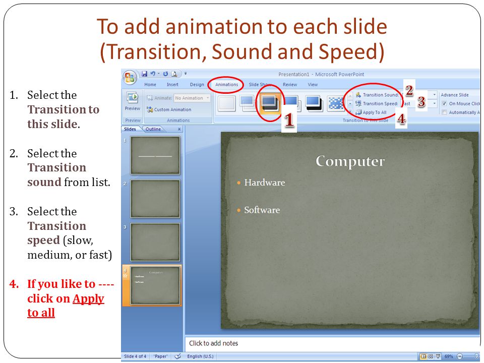 To add animation to each slide (Transition, Sound and Speed) 1.Select the Transition to this slide.