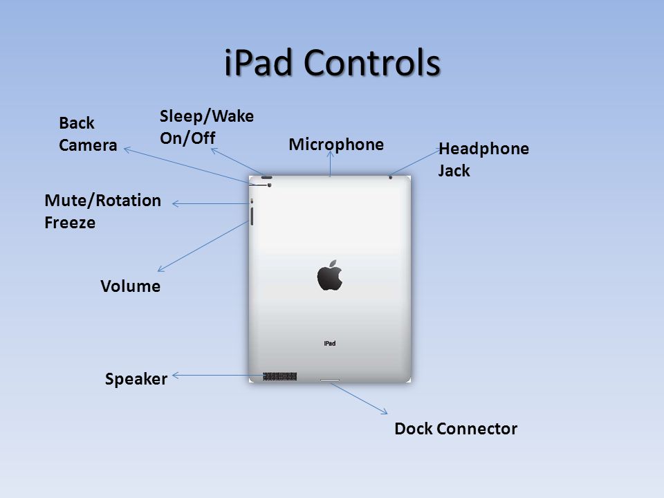 iPad Controls Back Camera Microphone Headphone Jack Speaker Dock Connector Volume Mute/Rotation Freeze Sleep/Wake On/Off