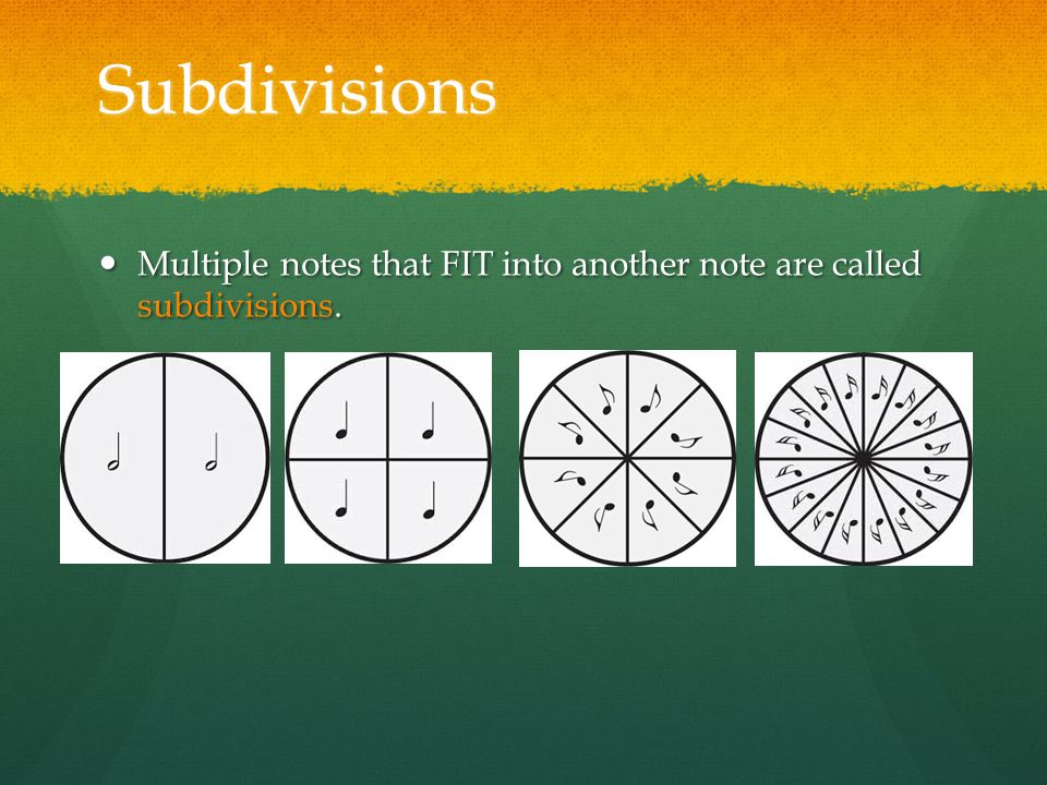 Subdivisions Multiple notes that FIT into another note are called subdivisions.