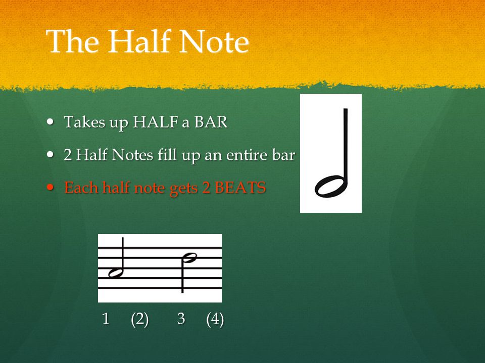 The Half Note Takes up HALF a BAR Takes up HALF a BAR 2 Half Notes fill up an entire bar 2 Half Notes fill up an entire bar Each half note gets 2 BEATS Each half note gets 2 BEATS 1 (2) 3 (4) 1 (2) 3 (4)
