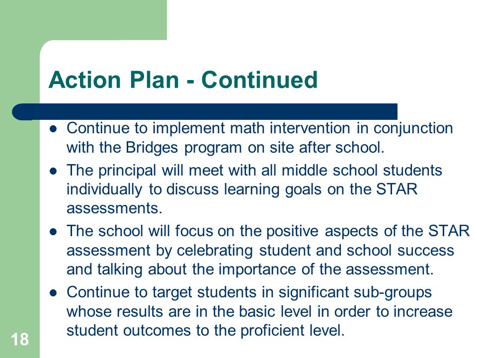 18 Action Plan - Continued Continue to implement math intervention in conjunction with the Bridges program on site after school.
