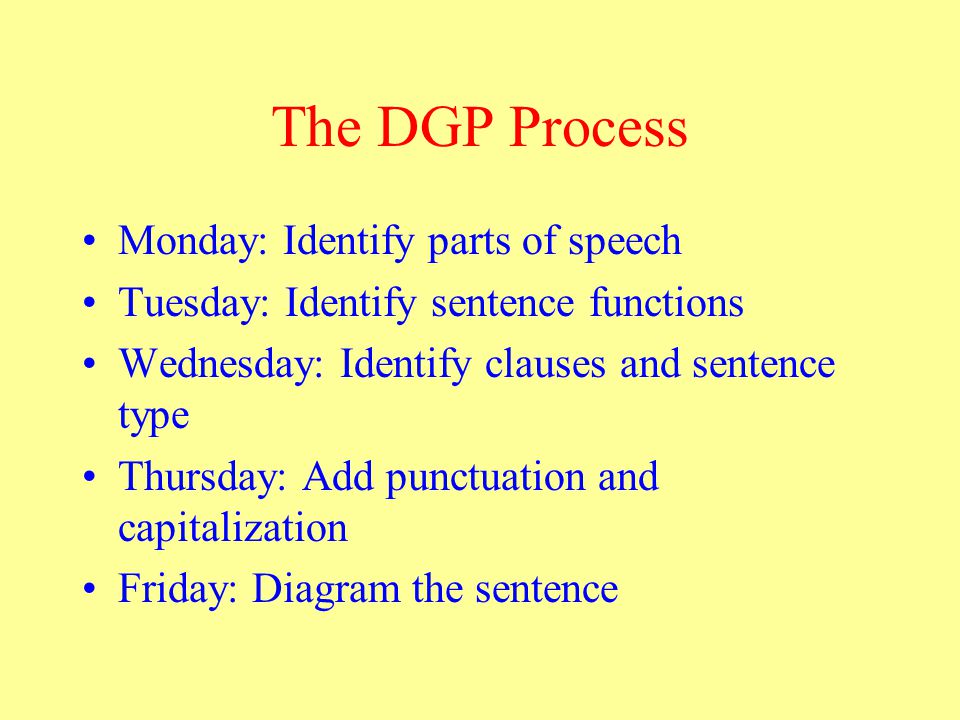 The DGP Process Monday: Identify parts of speech Tuesday: Identify sentence functions Wednesday: Identify clauses and sentence type Thursday: Add punctuation and capitalization Friday: Diagram the sentence