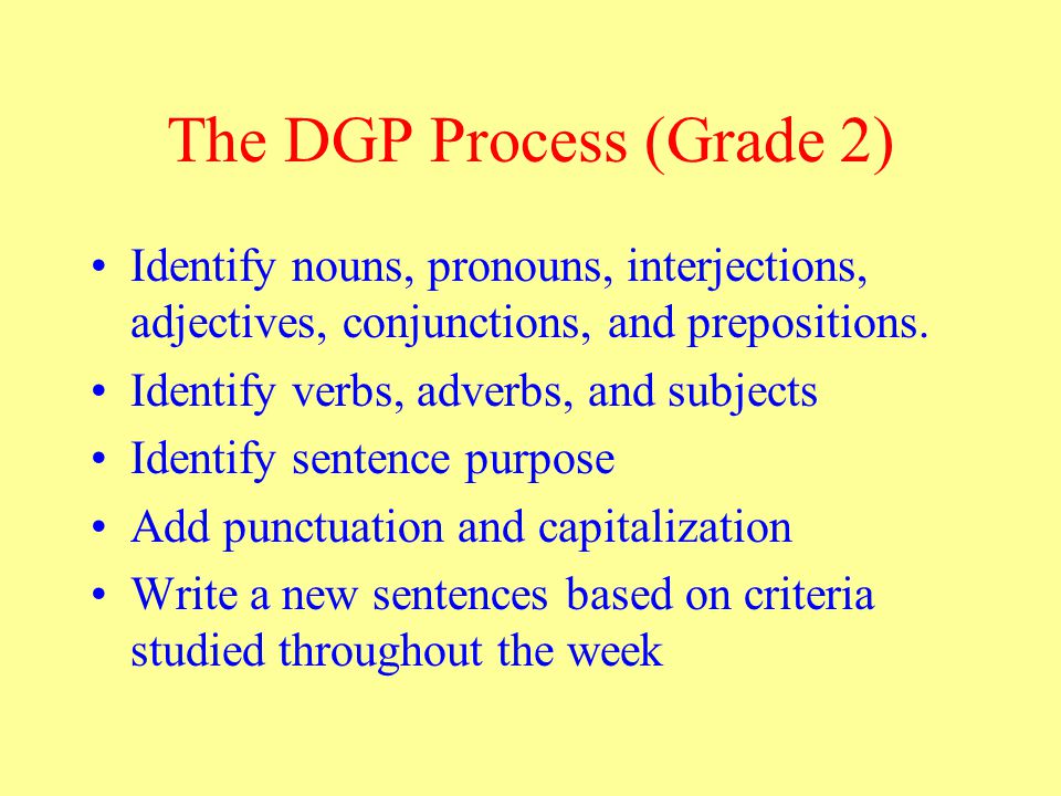 The DGP Process (Grade 2) Identify nouns, pronouns, interjections, adjectives, conjunctions, and prepositions.