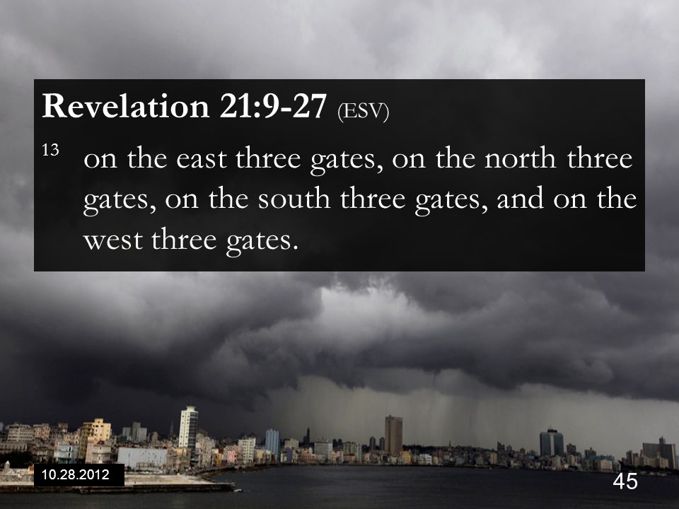 Revelation 21:9-27 (ESV) 13 on the east three gates, on the north three gates, on the south three gates, and on the west three gates.