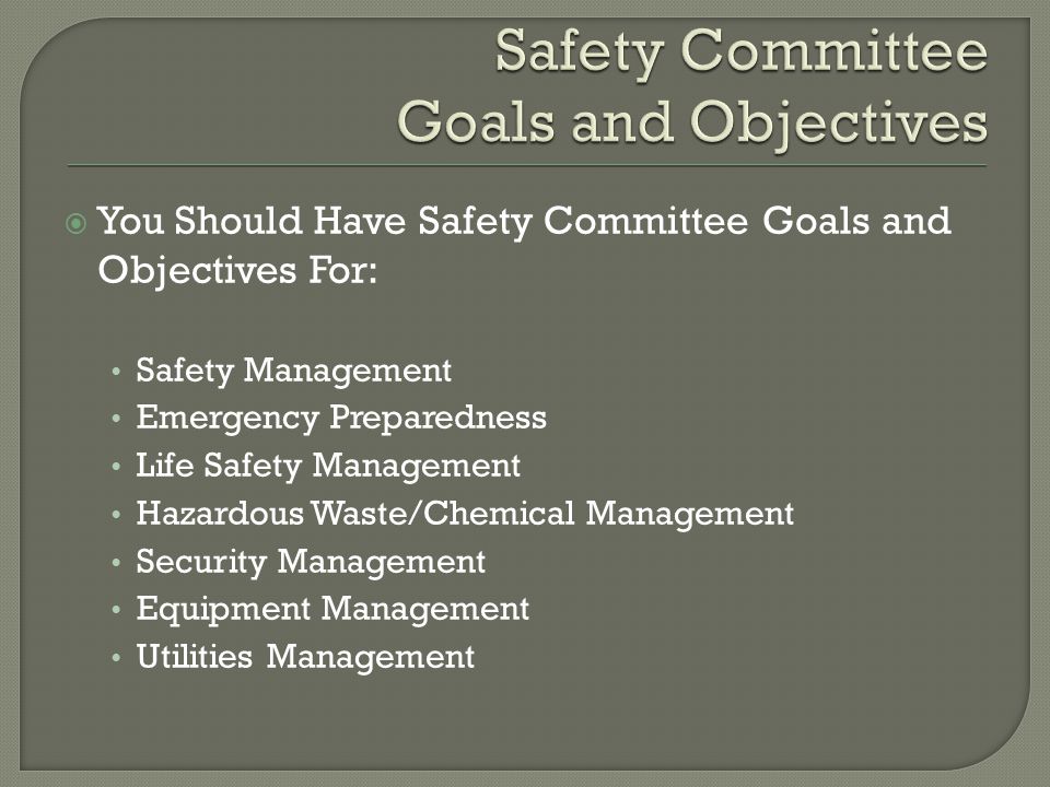  You Should Have Safety Committee Goals and Objectives For: Safety Management Emergency Preparedness Life Safety Management Hazardous Waste/Chemical Management Security Management Equipment Management Utilities Management
