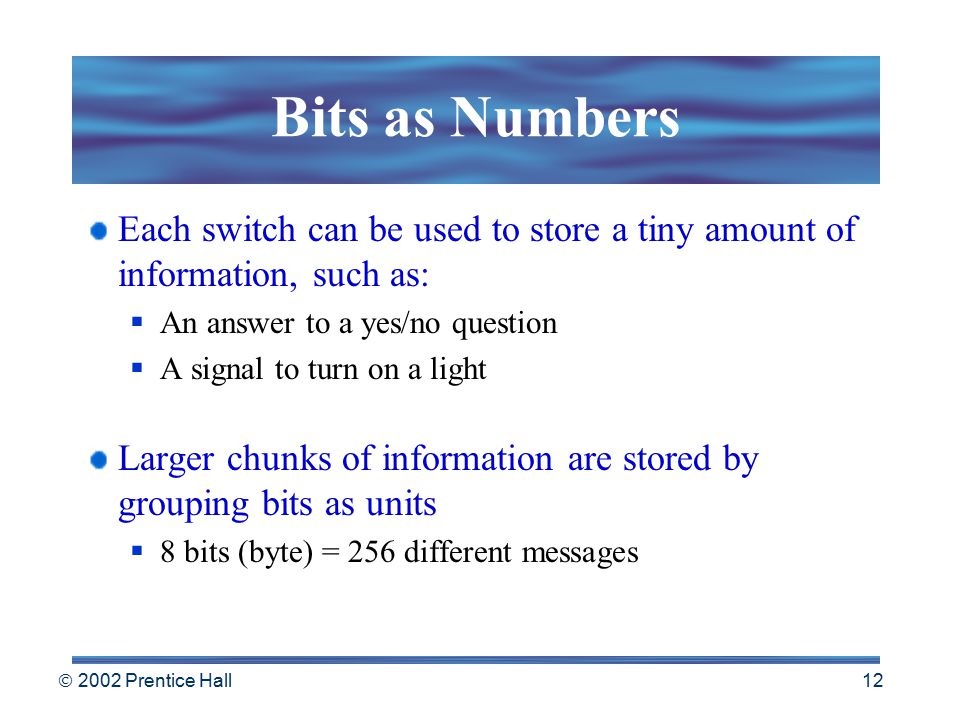  2002 Prentice Hall 11 Bit Basics A bit (binary digit)  is the smallest unit of information  can have two values: 1 or 0  can represent numbers, codes, or instructions On