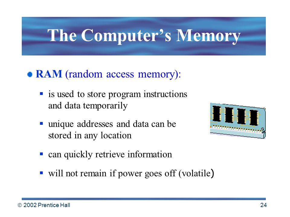  2002 Prentice Hall 23 Speed Parallel processing places multiple processors in a computer.