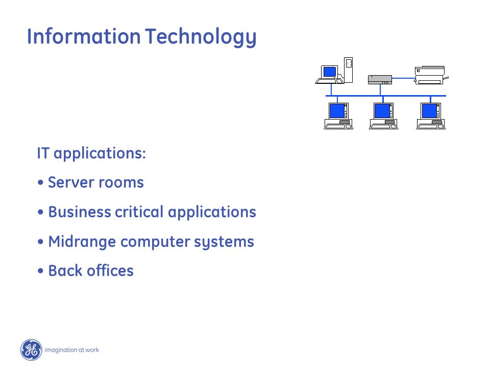 Information Technology IT applications: Server rooms Business critical applications Midrange computer systems Back offices