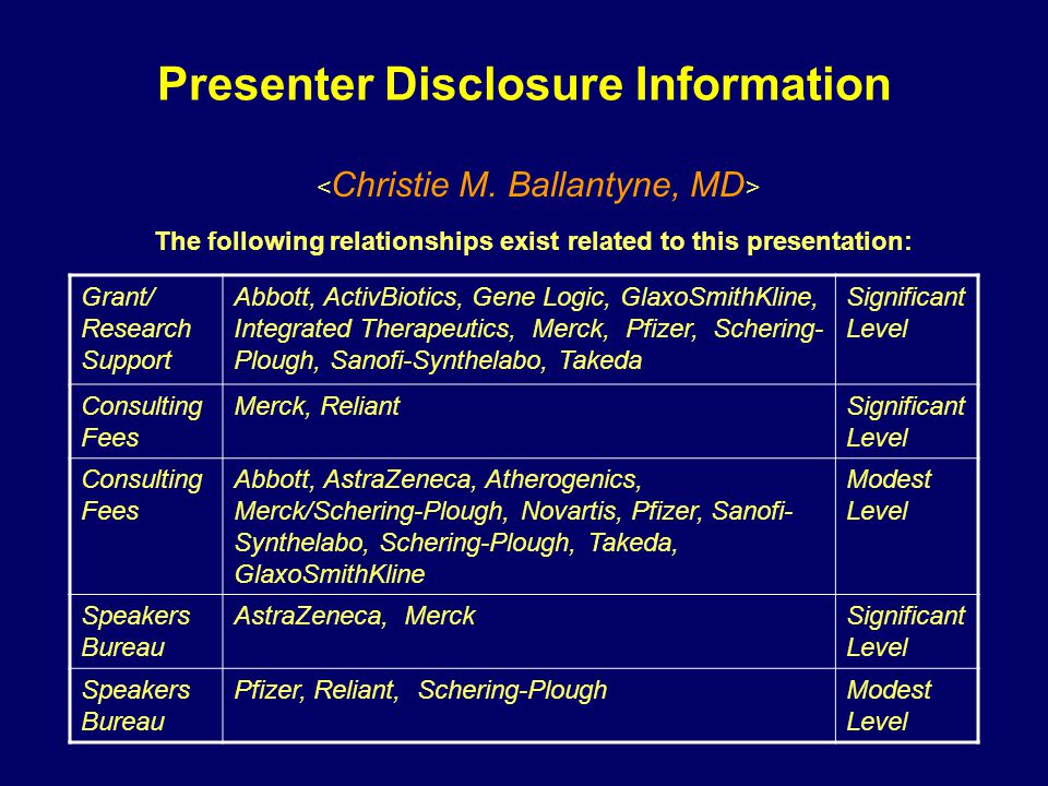 Presenter Disclosure Information The following relationships exist related to this presentation: Grant/ Research Support Abbott, ActivBiotics, Gene Logic, GlaxoSmithKline, Integrated Therapeutics, Merck, Pfizer, Schering- Plough, Sanofi-Synthelabo, Takeda Significant Level Consulting Fees Merck, ReliantSignificant Level Consulting Fees Abbott, AstraZeneca, Atherogenics, Merck/Schering-Plough, Novartis, Pfizer, Sanofi- Synthelabo, Schering-Plough, Takeda, GlaxoSmithKline Modest Level Speakers Bureau AstraZeneca, MerckSignificant Level Speakers Bureau Pfizer, Reliant, Schering-PloughModest Level