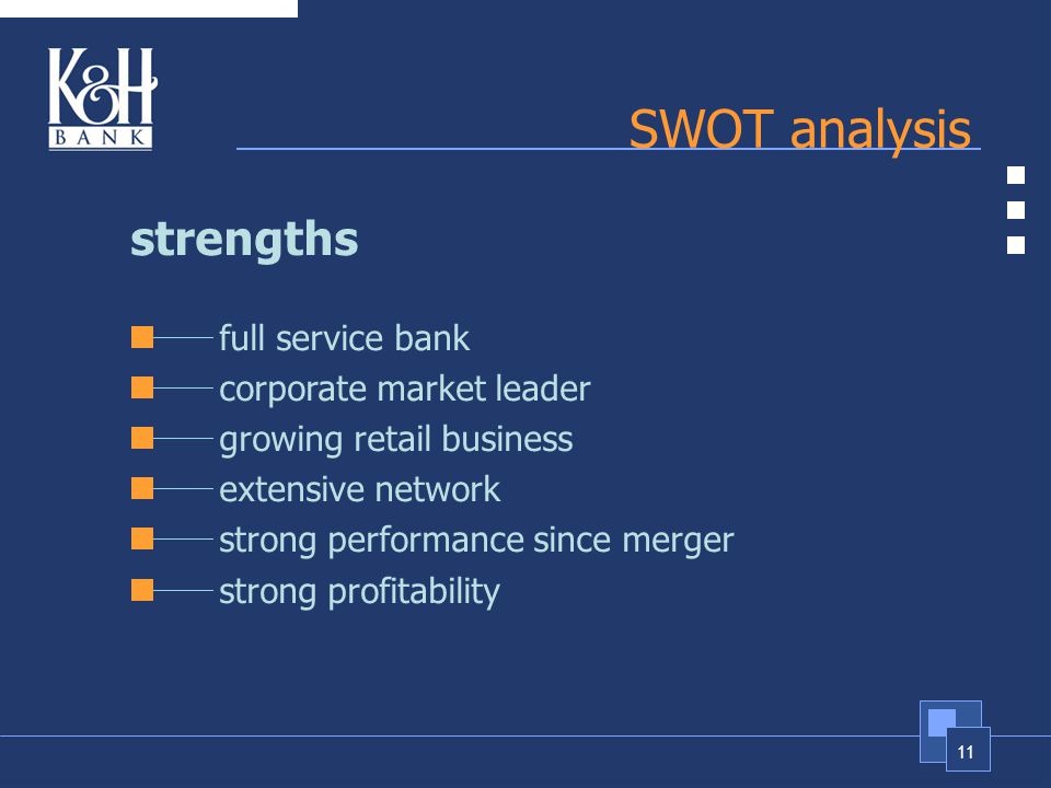 11 SWOT analysis strengths full service bank corporate market leader growing retail business extensive network strong performance since merger strong profitability