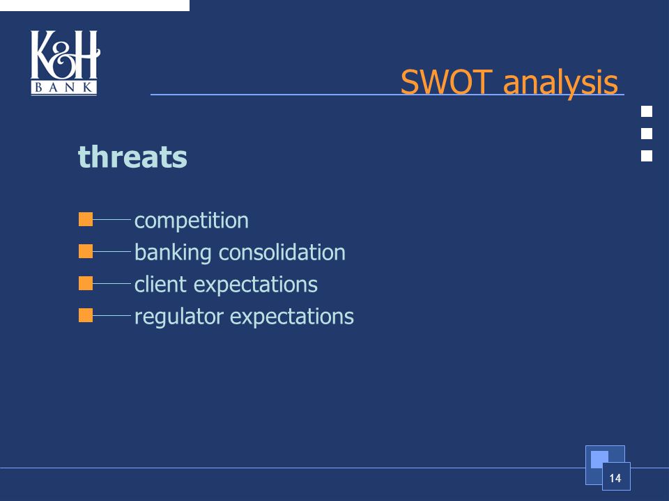 14 SWOT analysis threats competition banking consolidation client expectations regulator expectations