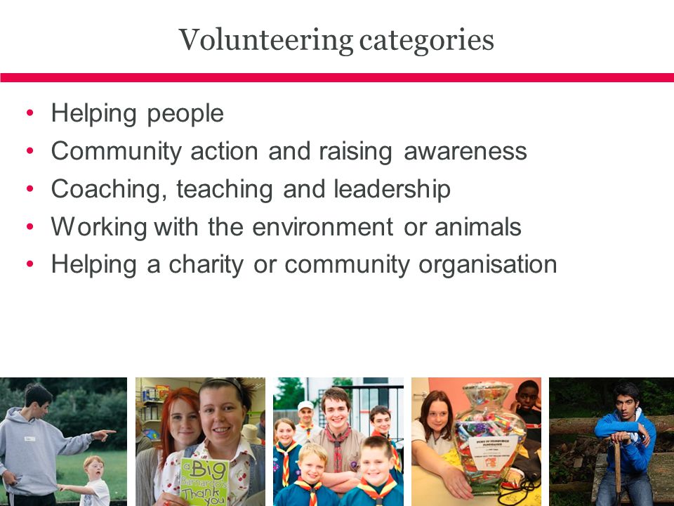 Volunteering categories Helping people Community action and raising awareness Coaching, teaching and leadership Working with the environment or animals Helping a charity or community organisation