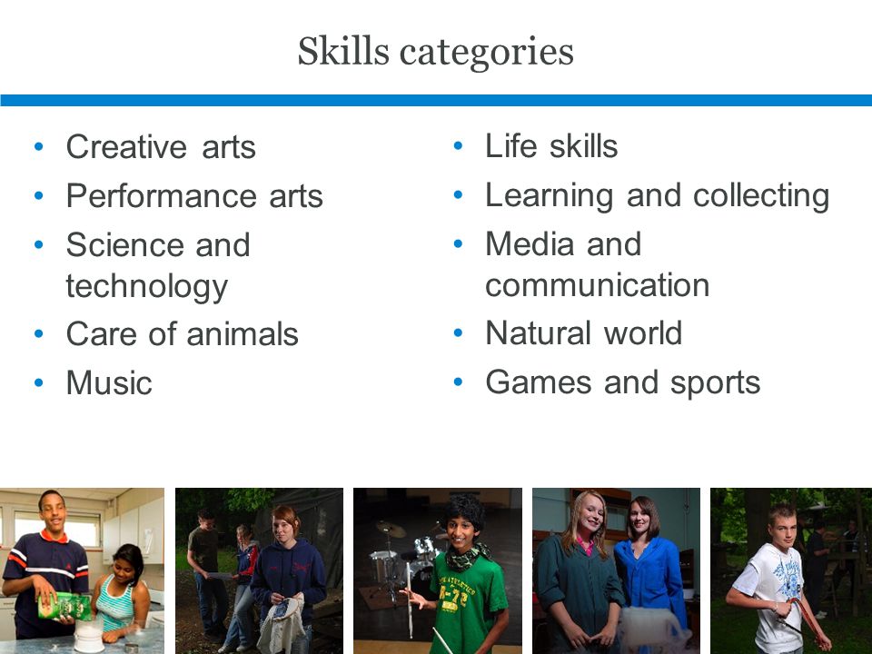 Skills categories Creative arts Performance arts Science and technology Care of animals Music Life skills Learning and collecting Media and communication Natural world Games and sports