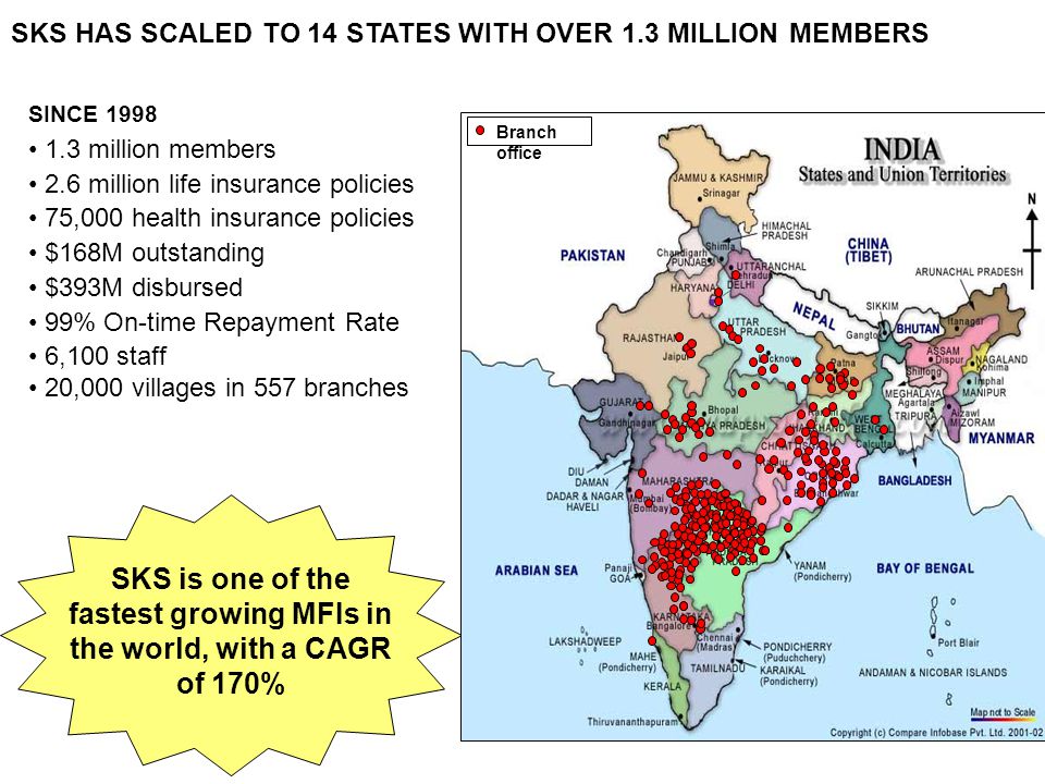 SKS HAS SCALED TO 14 STATES WITH OVER 1.3 MILLION MEMBERS SINCE million members 2.6 million life insurance policies 75,000 health insurance policies $168M outstanding $393M disbursed 99% On-time Repayment Rate 6,100 staff 20,000 villages in 557 branches SKS is one of the fastest growing MFIs in the world, with a CAGR of 170% Branch office