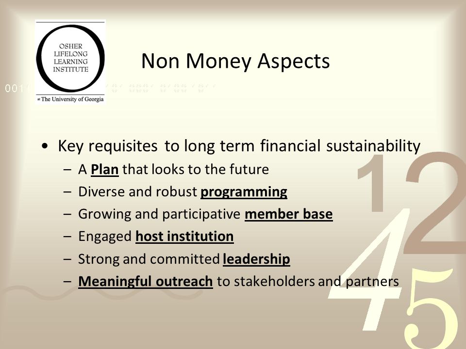 Non Money Aspects Key requisites to long term financial sustainability –A Plan that looks to the future –Diverse and robust programming –Growing and participative member base –Engaged host institution –Strong and committed leadership –Meaningful outreach to stakeholders and partners
