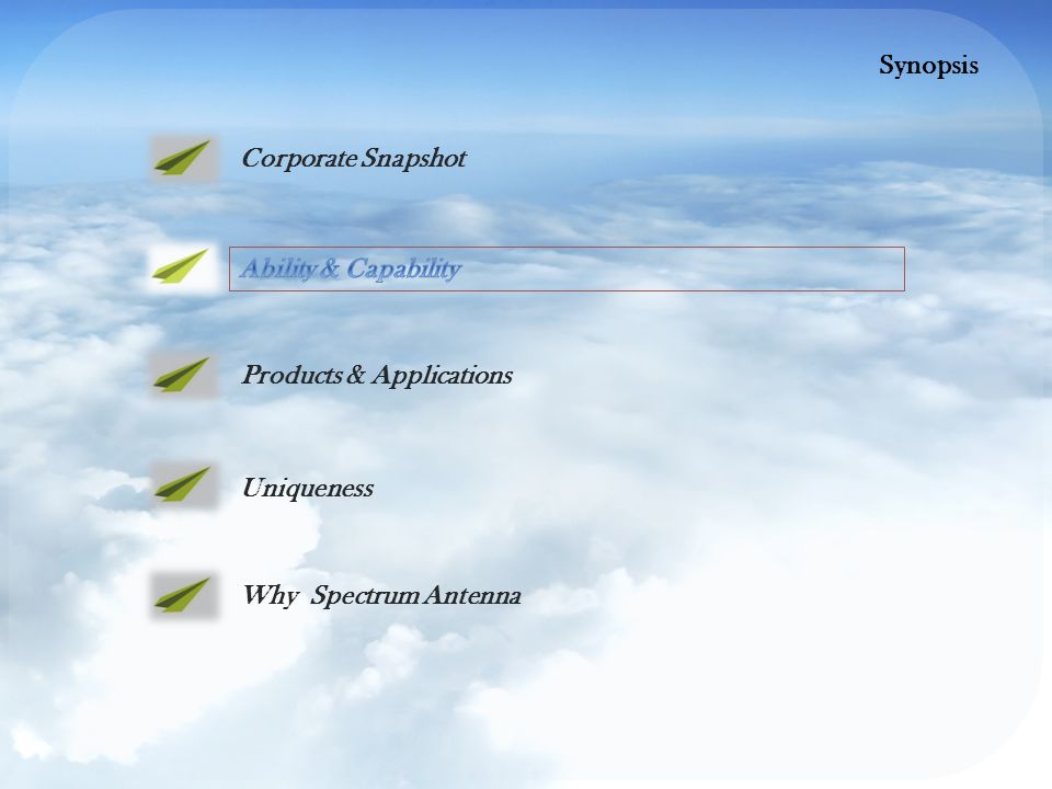 Products & Applications Uniqueness Why Spectrum Antenna Corporate Snapshot Synopsis