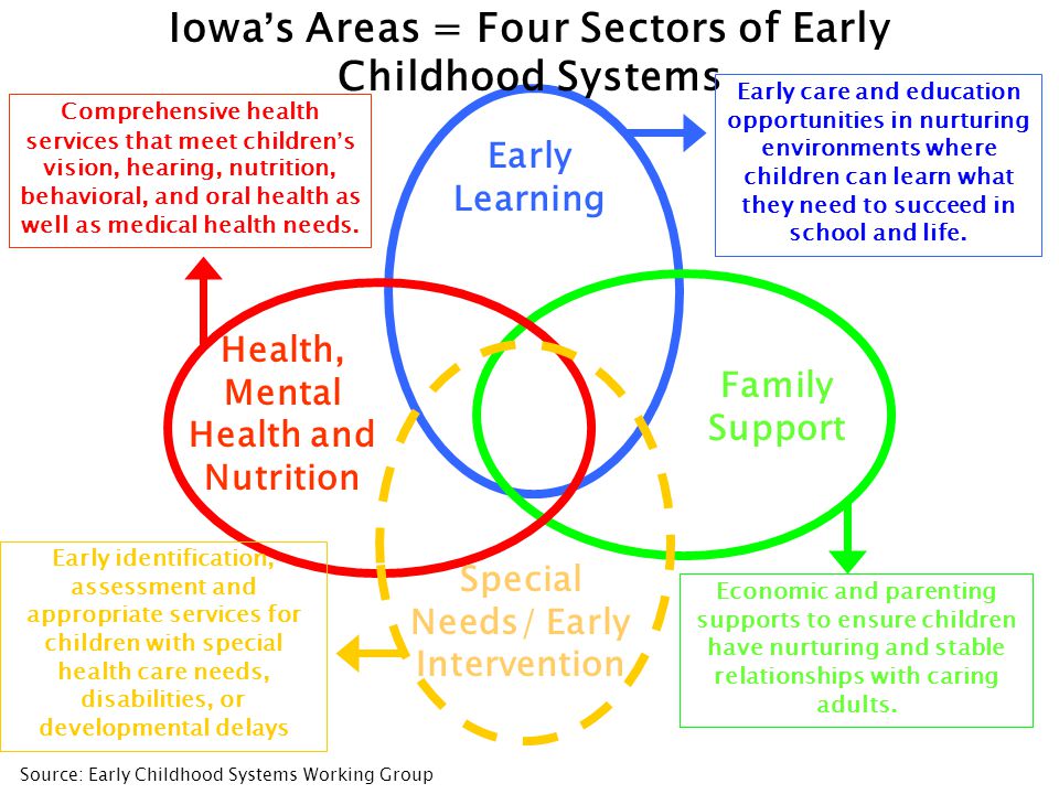4 Early Learning Health, Mental Health and Nutrition Family Support Special Needs/ Early Intervention Iowa’s Areas = Four Sectors of Early Childhood Systems Early care and education opportunities in nurturing environments where children can learn what they need to succeed in school and life.