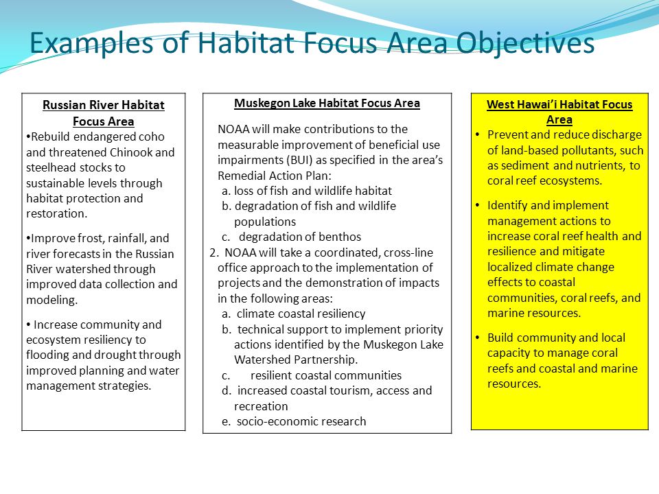 Examples of Habitat Focus Area Objectives Russian River Habitat Focus Area Rebuild endangered coho and threatened Chinook and steelhead stocks to sustainable levels through habitat protection and restoration.