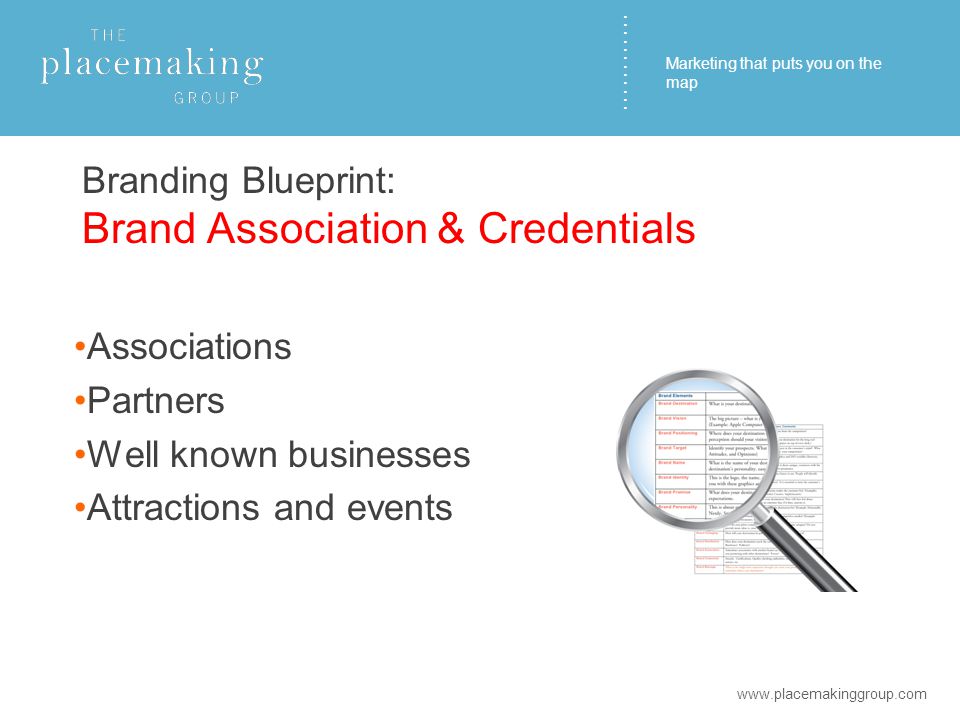 ………… Branding Blueprint: Brand Association & Credentials Associations Partners Well known businesses Attractions and events   Marketing that puts you on the map