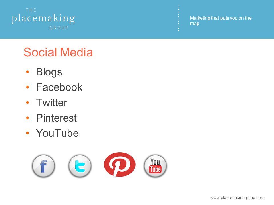 ………… Social Media Blogs Facebook Twitter Pinterest YouTube   Marketing that puts you on the map