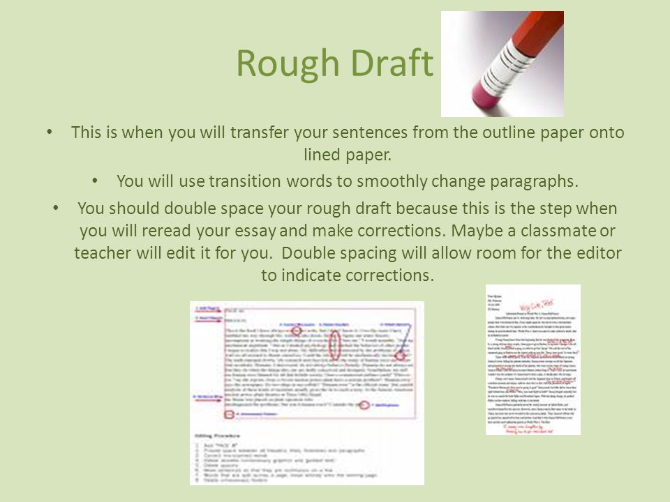 Rough Draft This is when you will transfer your sentences from the outline paper onto lined paper.