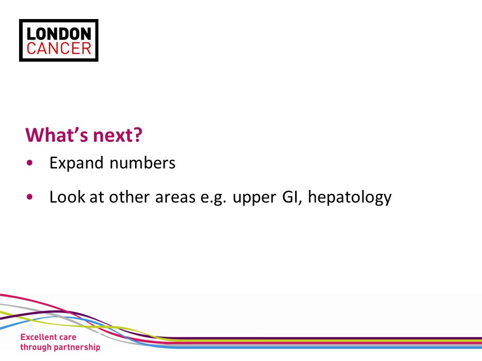 What’s next Expand numbers Look at other areas e.g. upper GI, hepatology