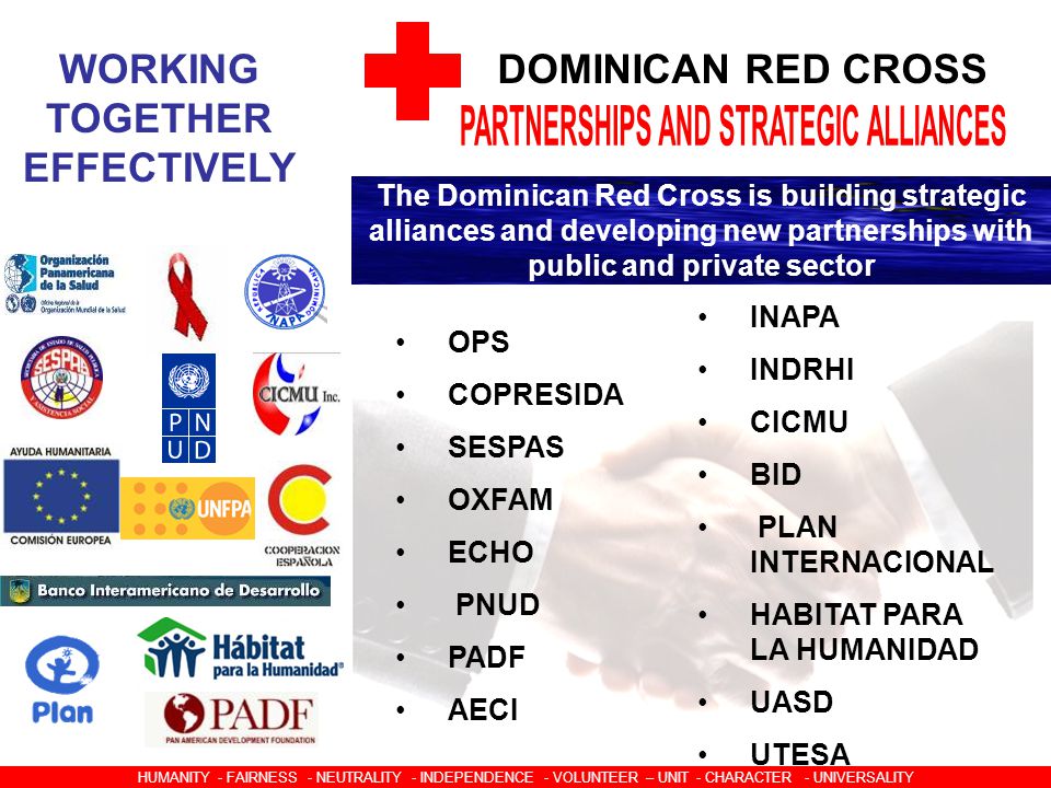 DOMINICAN RED CROSS The Dominican Red Cross is building strategic alliances and developing new partnerships with public and private sector WORKING TOGETHER EFFECTIVELY OPS COPRESIDA SESPAS OXFAM ECHO PNUD PADF AECI INAPA INDRHI CICMU BID PLAN INTERNACIONAL HABITAT PARA LA HUMANIDAD UASD UTESA HUMANIDAD  IMPARCIALIDAD  NEUTRALIDAD  INDEPENDENCIA  CARACTER VOLUNTARIO  UNIDAD  UNIVERSALIDAD HUMANITY - FAIRNESS - NEUTRALITY - INDEPENDENCE - VOLUNTEER – UNIT - CHARACTER - UNIVERSALITY