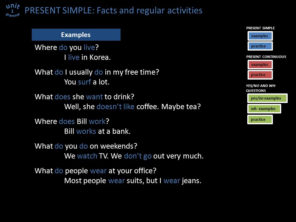 PRESENT SIMPLE: Facts and regular activities 1 Where do you live.