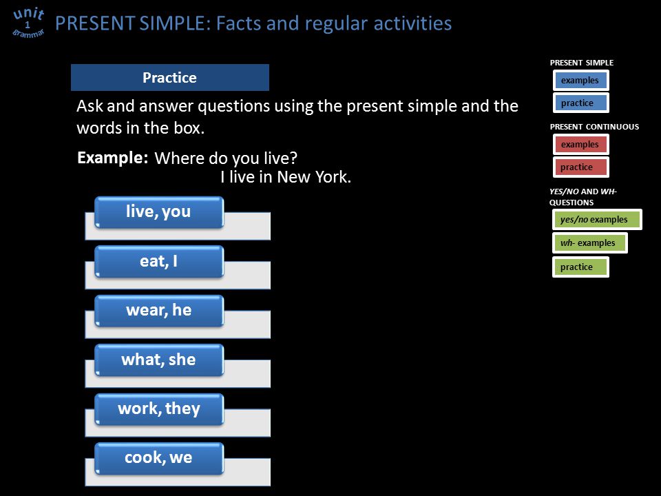 Practice Example: Where do you live. I live in New York.