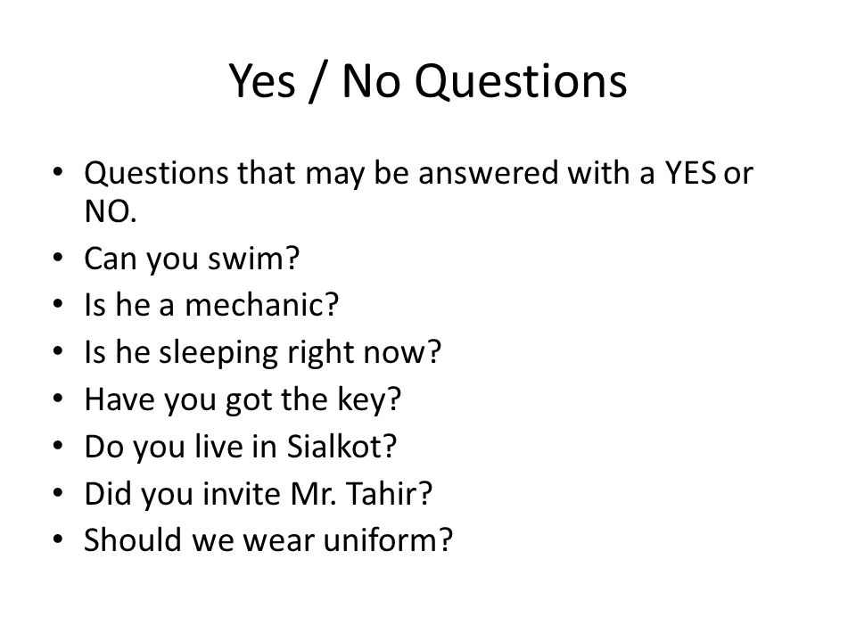 Yes / No Questions Questions that may be answered with a YES or NO.