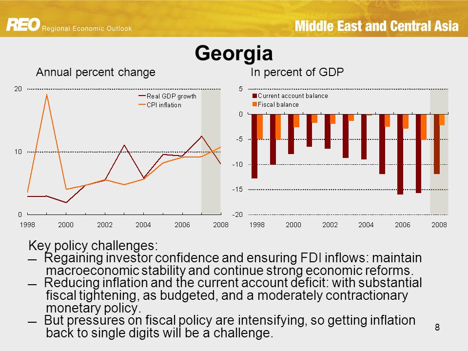 8 Georgia Key policy challenges:  Regaining investor confidence and ensuring FDI inflows: maintain macroeconomic stability and continue strong economic reforms.