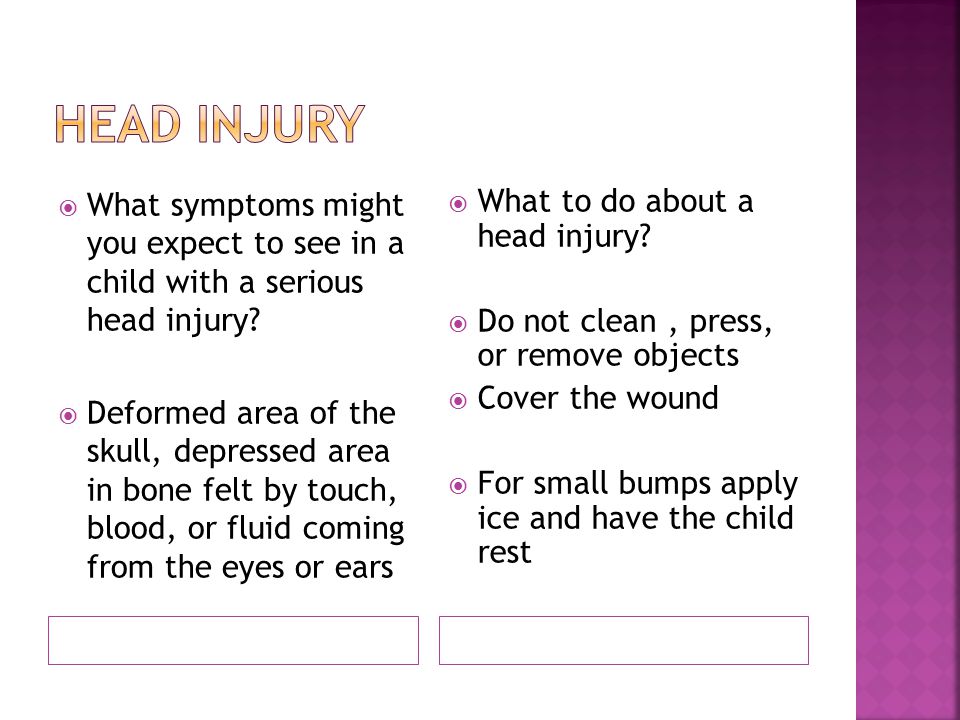  What symptoms might you expect to see in a child with a serious head injury.