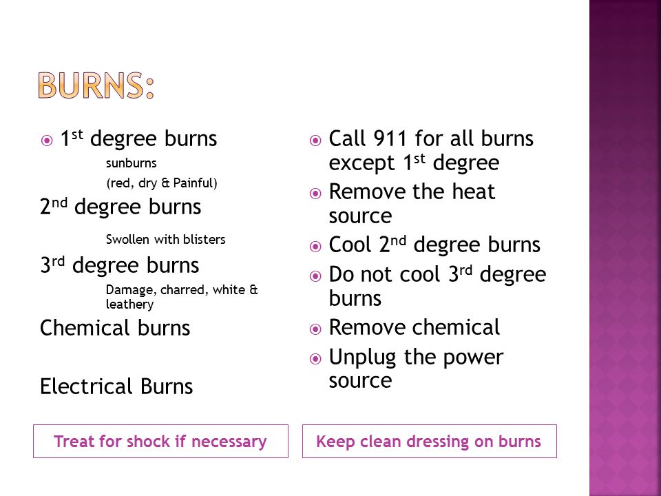 Treat for shock if necessaryKeep clean dressing on burns  1 st degree burns sunburns (red, dry & Painful) 2 nd degree burns Swollen with blisters 3 rd degree burns Damage, charred, white & leathery Chemical burns Electrical Burns  Call 911 for all burns except 1 st degree  Remove the heat source  Cool 2 nd degree burns  Do not cool 3 rd degree burns  Remove chemical  Unplug the power source