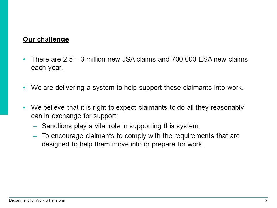 2 Department for Work & Pensions Our challenge There are 2.5 – 3 million new JSA claims and 700,000 ESA new claims each year.