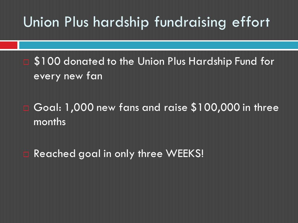 Union Plus hardship fundraising effort  $100 donated to the Union Plus Hardship Fund for every new fan  Goal: 1,000 new fans and raise $100,000 in three months  Reached goal in only three WEEKS!