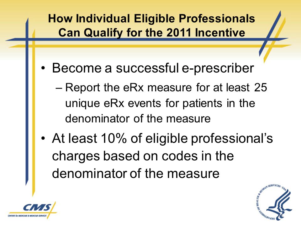 How Individual Eligible Professionals Can Qualify for the 2011 Incentive Become a successful e-prescriber –Report the eRx measure for at least 25 unique eRx events for patients in the denominator of the measure At least 10% of eligible professional’s charges based on codes in the denominator of the measure 25
