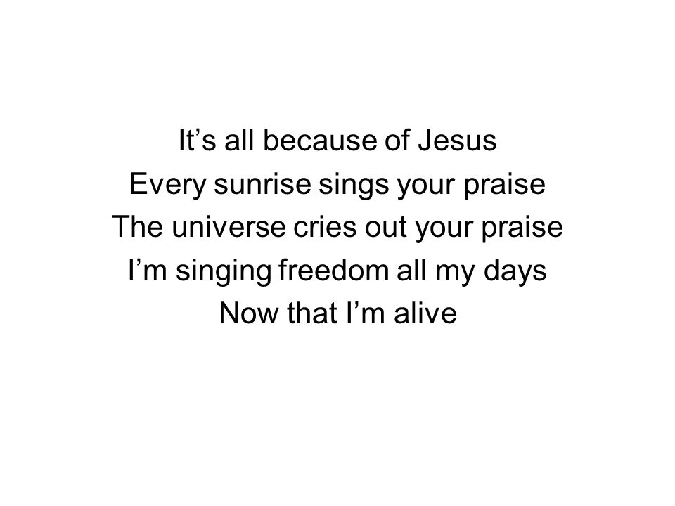It’s all because of Jesus Every sunrise sings your praise The universe cries out your praise I’m singing freedom all my days Now that I’m alive