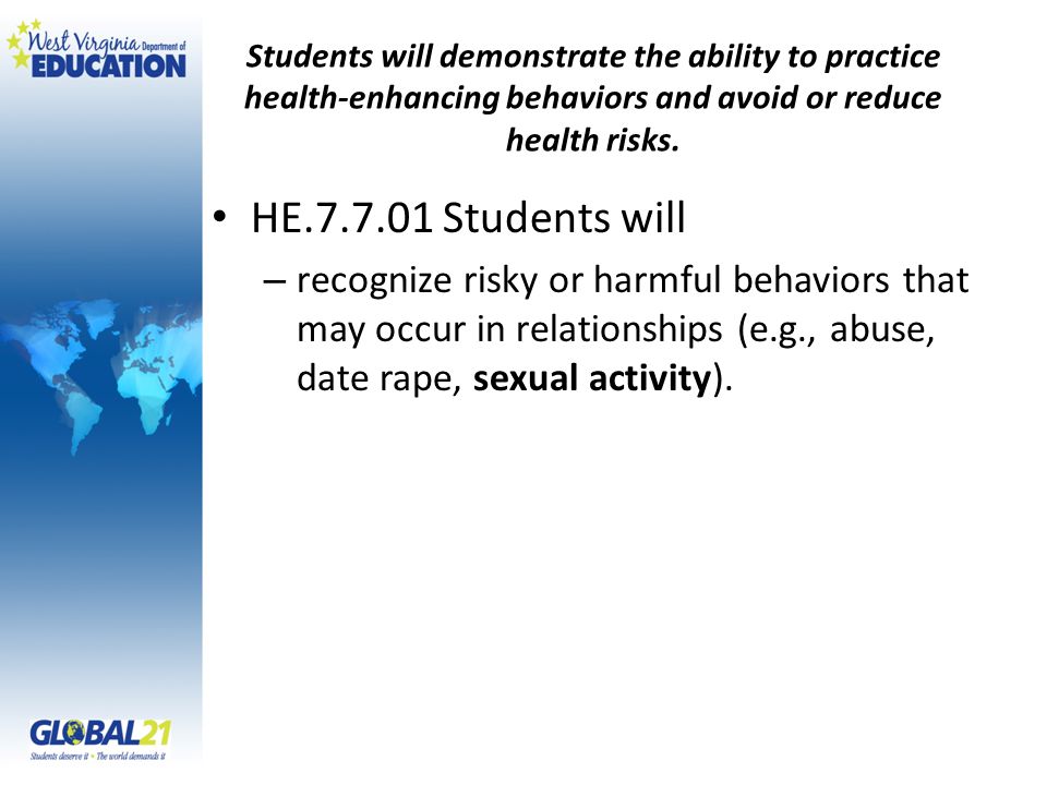 Students will demonstrate the ability to practice health-enhancing behaviors and avoid or reduce health risks.