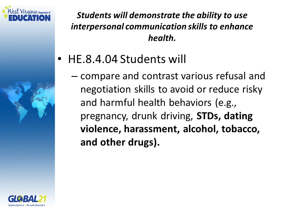 Students will demonstrate the ability to use interpersonal communication skills to enhance health.