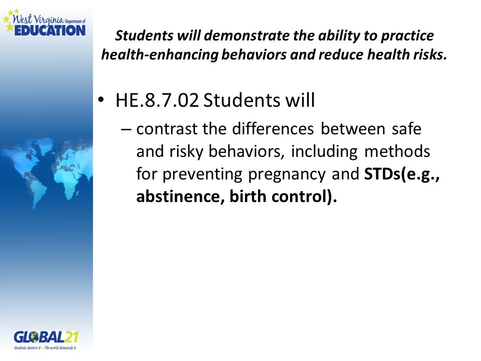Students will demonstrate the ability to practice health-enhancing behaviors and reduce health risks.