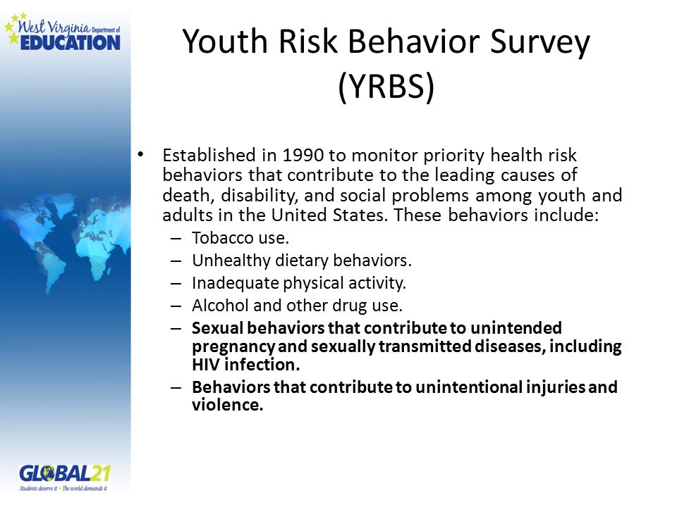 Youth Risk Behavior Survey (YRBS) Established in 1990 to monitor priority health risk behaviors that contribute to the leading causes of death, disability, and social problems among youth and adults in the United States.
