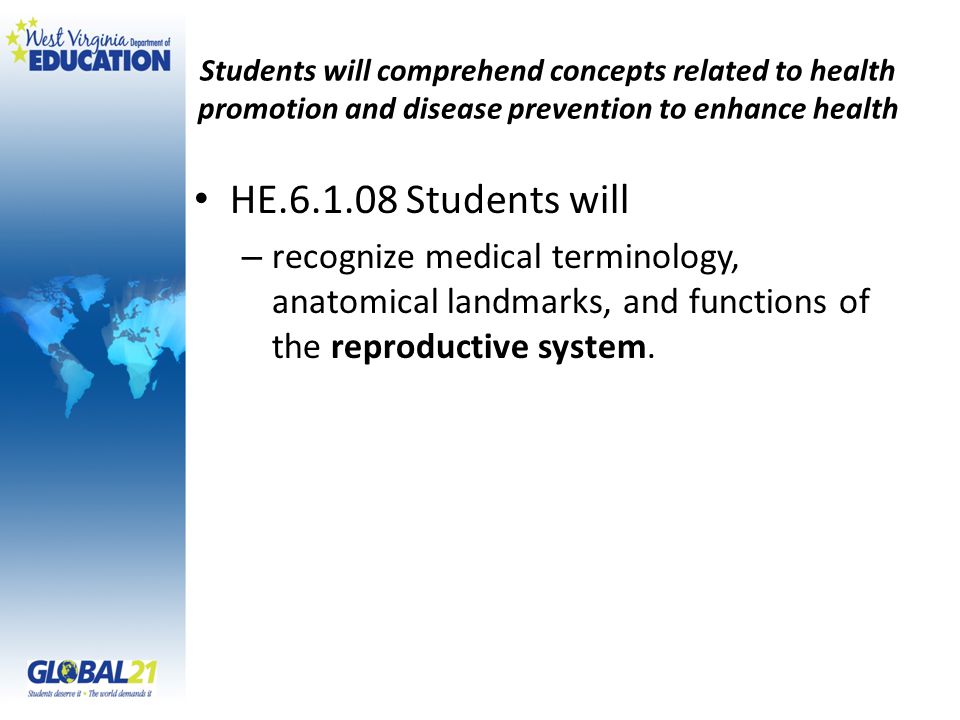 Students will comprehend concepts related to health promotion and disease prevention to enhance health HE Students will – recognize medical terminology, anatomical landmarks, and functions of the reproductive system.