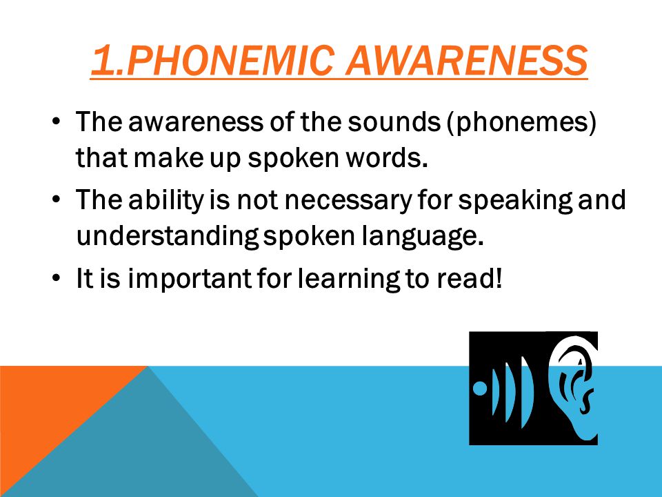 1.PHONEMIC AWARENESS The awareness of the sounds (phonemes) that make up spoken words.