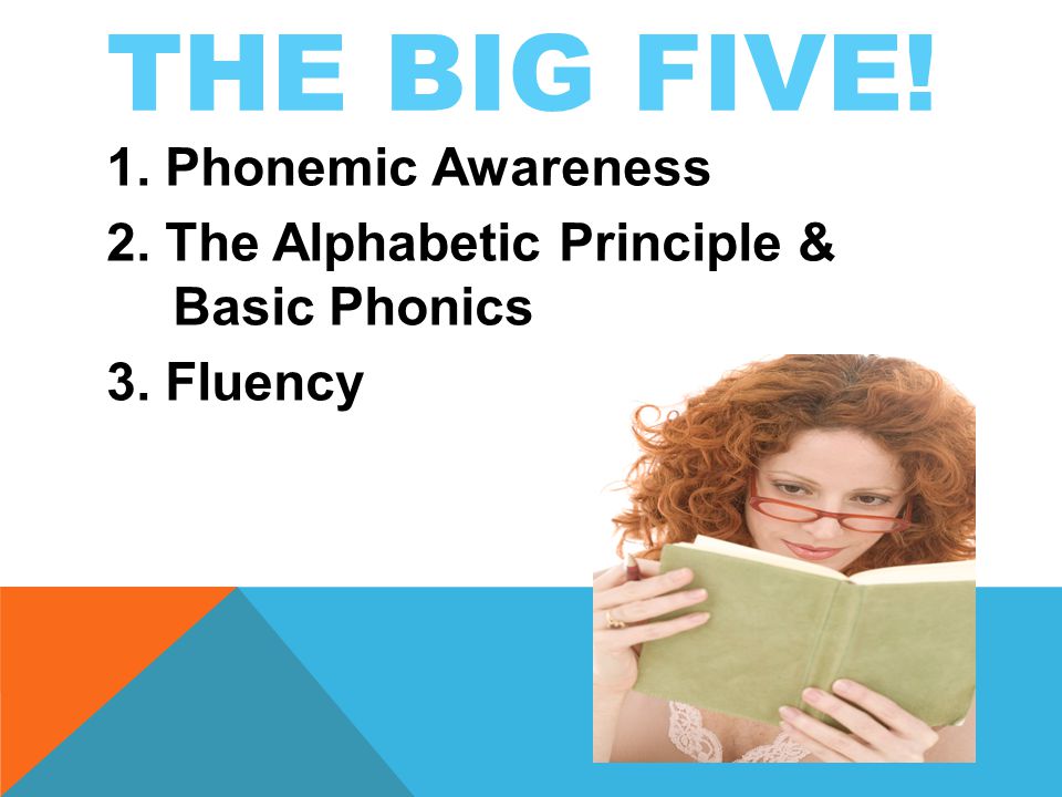 THE BIG FIVE! 1. Phonemic Awareness 2. The Alphabetic Principle & Basic Phonics 3. Fluency