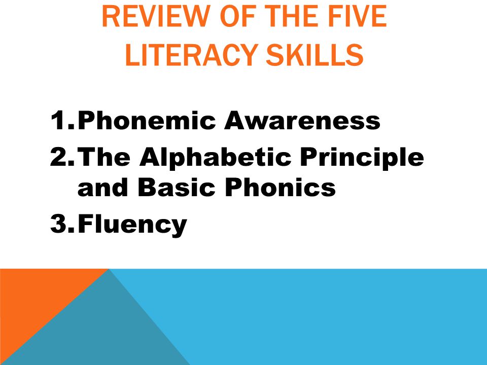 REVIEW OF THE FIVE LITERACY SKILLS 1.Phonemic Awareness 2.The Alphabetic Principle and Basic Phonics 3.Fluency