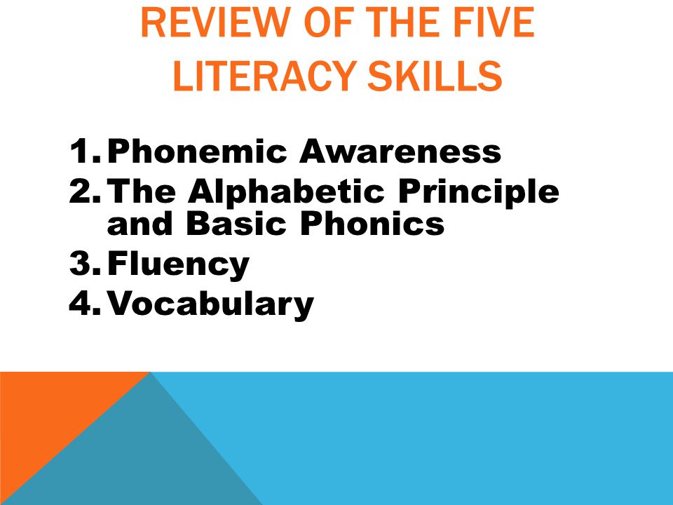 REVIEW OF THE FIVE LITERACY SKILLS 1.Phonemic Awareness 2.The Alphabetic Principle and Basic Phonics 3.Fluency 4.Vocabulary